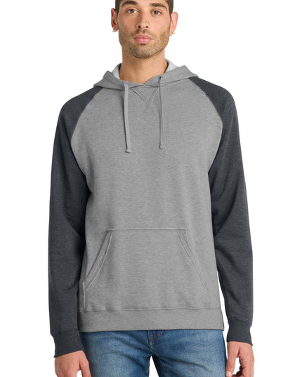 District Young Mens Lightweight Fleece Raglan Hoodie.  DT196 - Heathered Grey/ Heathered Charcoal