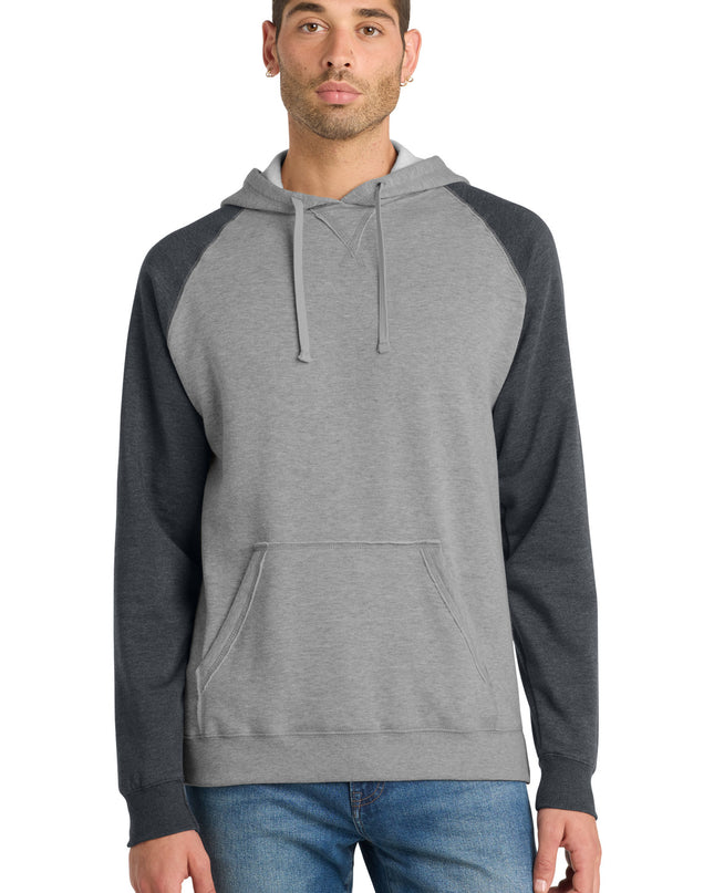 District Young Mens Lightweight Fleece Raglan Hoodie.  DT196 - Heathered Grey/ Heathered Charcoal