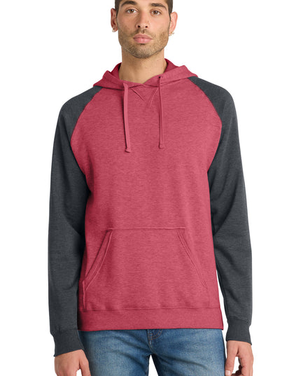 District Young Mens Lightweight Fleece Raglan Hoodie.  DT196 - Heathered Red/ Heathered Charcoal