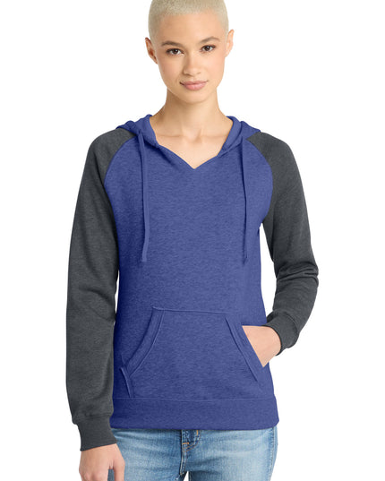 District Women's Lightweight Fleece Raglan Hoodie.  DT296 - Heathered Deep Royal/ Heathered Charcoal