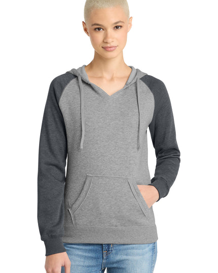 District Women's Lightweight Fleece Raglan Hoodie.  DT296 - Heathered Grey/ Heathered Charcoal