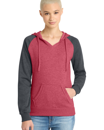District Women's Lightweight Fleece Raglan Hoodie.  DT296 - Heathered Red/ Heathered Charcoal
