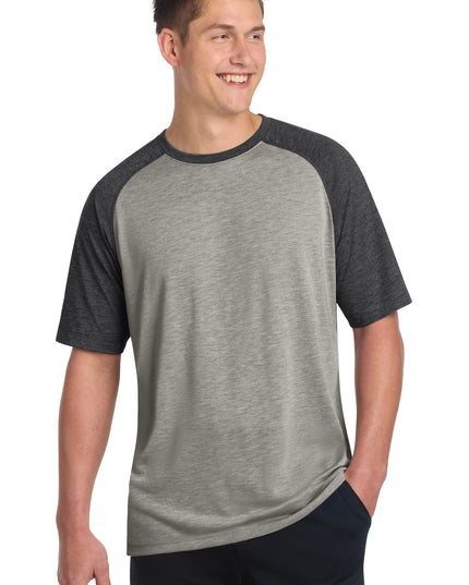 Sport-Tek  PosiCharge  Tri-Blend Wicking Raglan Tee. ST400 - Dark Grey Heather/ Light Grey Heather