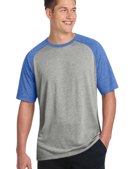 Sport-Tek  PosiCharge  Tri-Blend Wicking Raglan Tee. ST400 - True Royal Heather/ Light Grey Heather